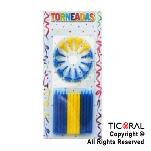 VELA 6 CM TORNEADA CON PORTAVELAS AZULES Y AMARILLAS x 24